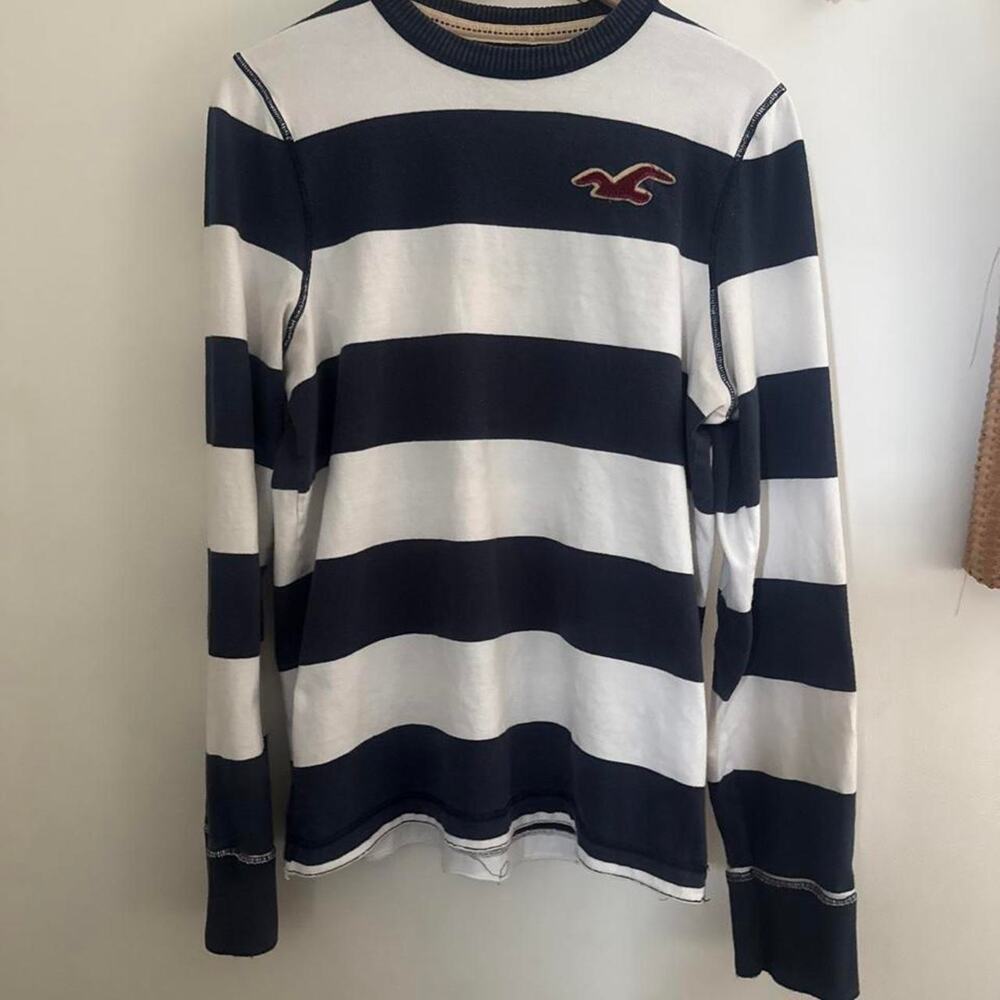 Y2k mens Hollister navy blue white horizontal stripe top XL